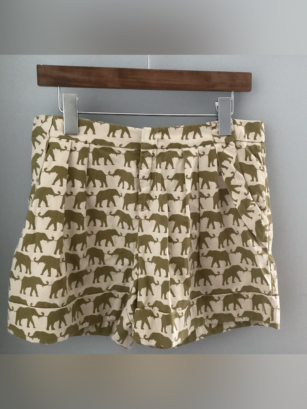 Cartonnier  Anthropologie Olive Elephant Print Cotton Shorts